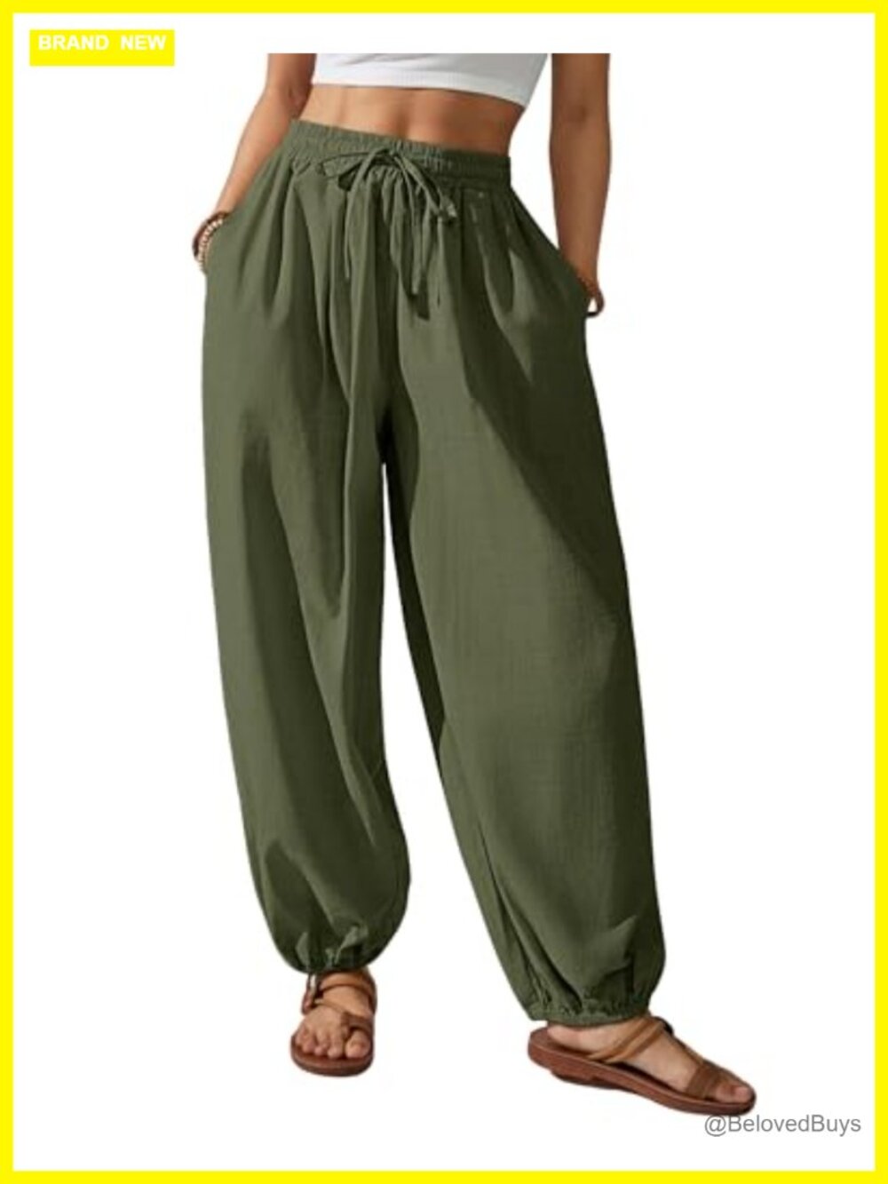 100% Cotton Harem Pants Balloon Wide Leg Baggy Drawstring Waist Ankle Length